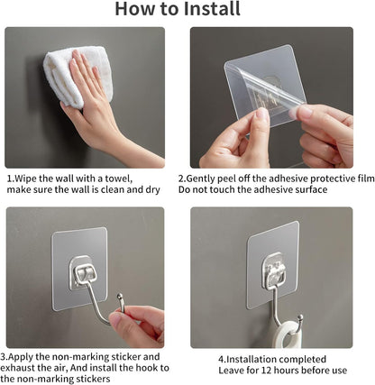 Large Adhesive Hooks for Hanging Heavy Duty Wall Hooks 22 lbs Self Adhesive Towel Waterproof Transparent for Bags Bathroom Shower Outdoor Kitchen Cups Door Coat Sticky Hooks (Transparent, 16pcs)