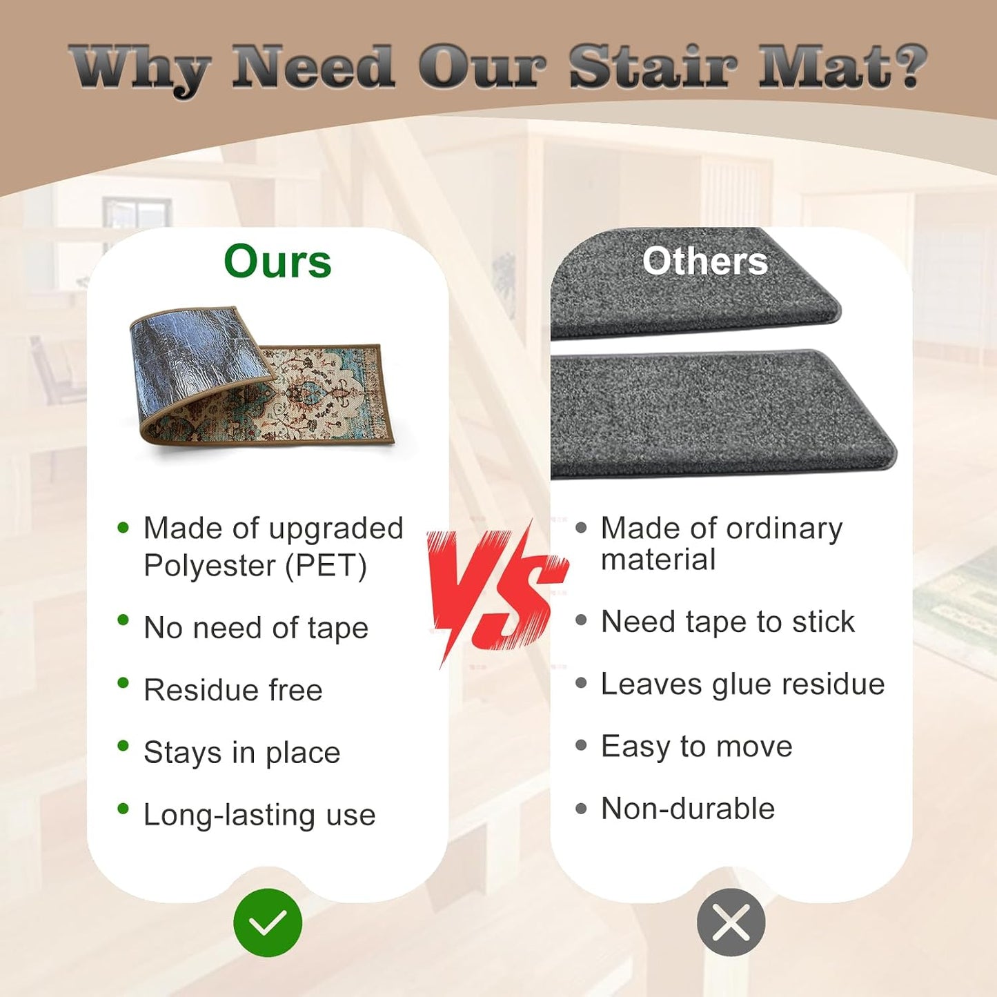 Non Slip Stair Treads for Wooden Steps, 15 Pack 8"x30" Washable Carpet | 8x30 in soft chenille polyester stair treads with reusable TPE backing for indoor wood stairs, dogs, kids, and seniors
