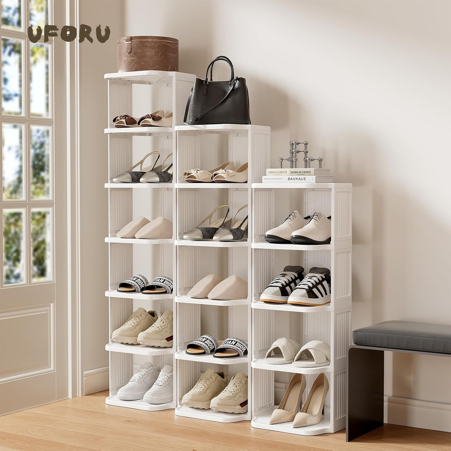 UFORU Small Shoe Rack, 5 Tier Plastic Vertical Shoe Rack for Small and Narrow Spaces, Free Standing Shoe Organizer for Closet, Entryway