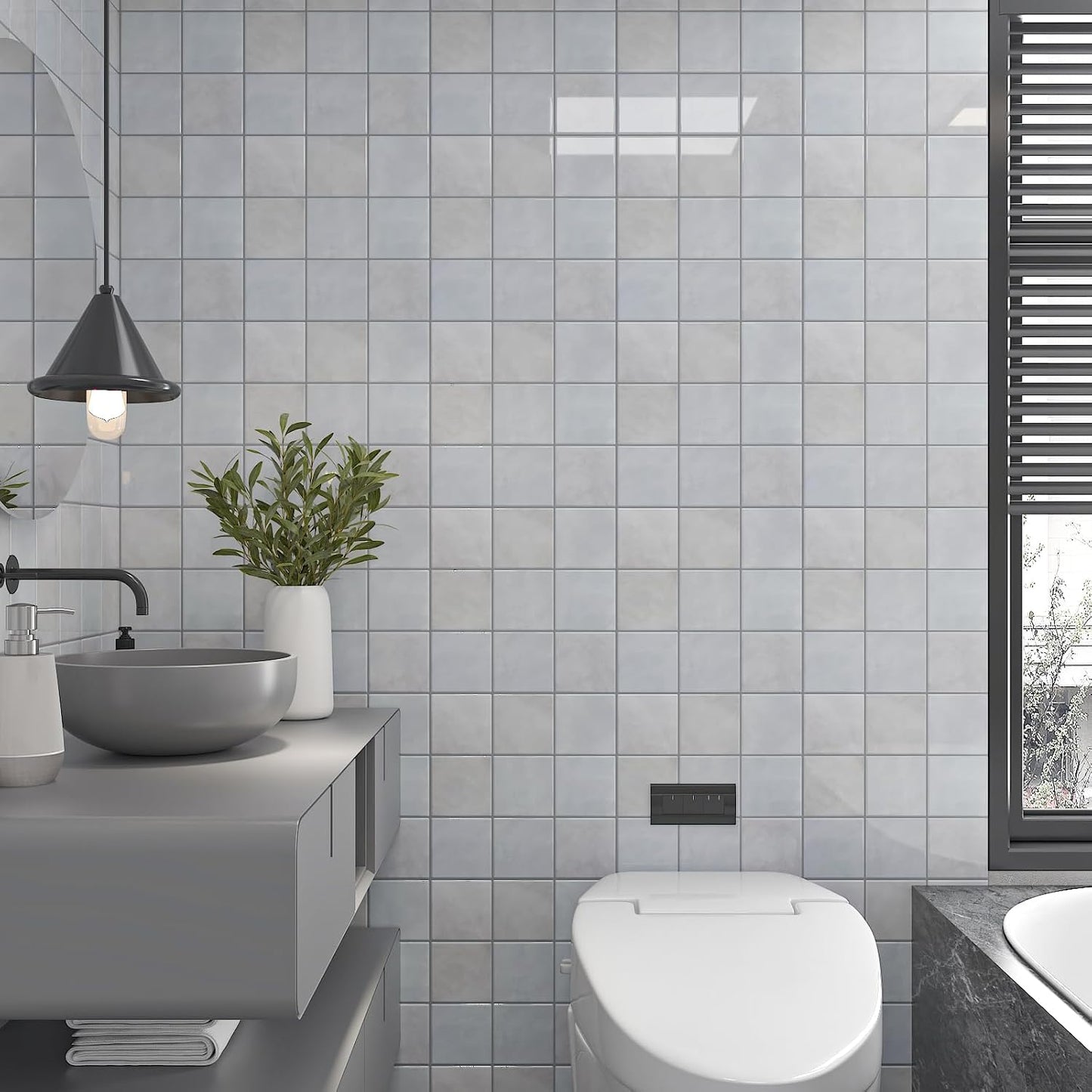 CHIHUT 6 Sheets 12"x12" Glossy Grey Concrete Checkered Peel and Stick Backsplash Tiles Waterproof Heat Resistant Self Adhesive Vinyl Wall Tiles for Kitchen Bathroom Laundry Room Renter Friendly Tiles