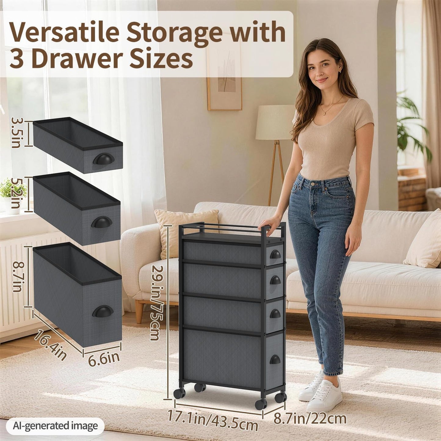 LASZOLA 5 Drawer Narrow Dresser Slim Cabinet Skinny Storage Tower Chest, Ideal for Small Spaces Bathroom, Between Washer and Dryer, Lightweight Mobile on Wheels, Sturdy Fabric Drawers, Black