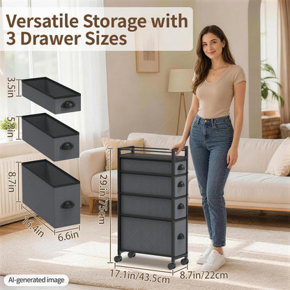 LASZOLA 5 Drawer Narrow Dresser Slim Cabinet Skinny Storage Tower Chest, Ideal for Small Spaces Bathroom, Between Washer and Dryer, Lightweight Mobile on Wheels, Sturdy Fabric Drawers, Black