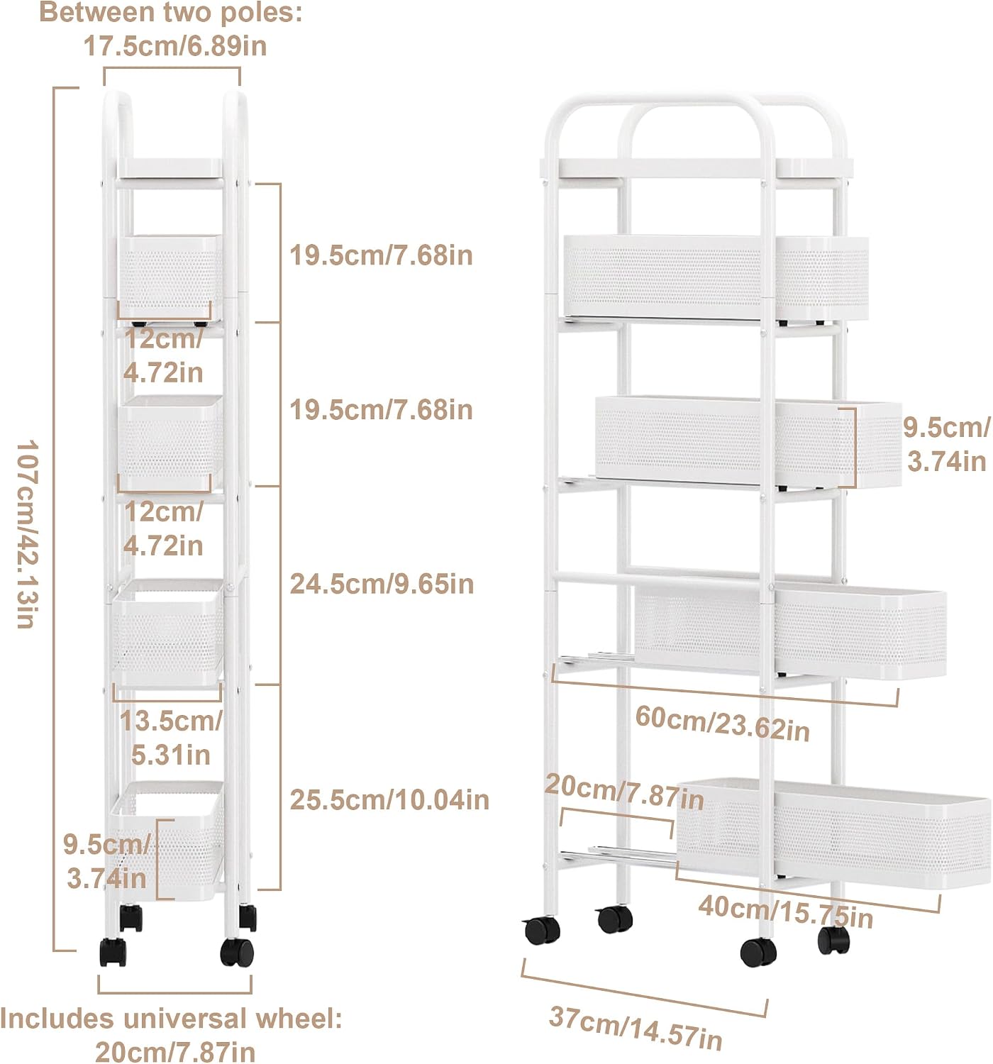 UMDONX Slim Storage Cart 5 Tier with Pull Out Basket Bathroom Organizer Rolling cart, Rolling Utility Cart Slide Out Organizer for Kitchen, Bathroom, Laundry Black