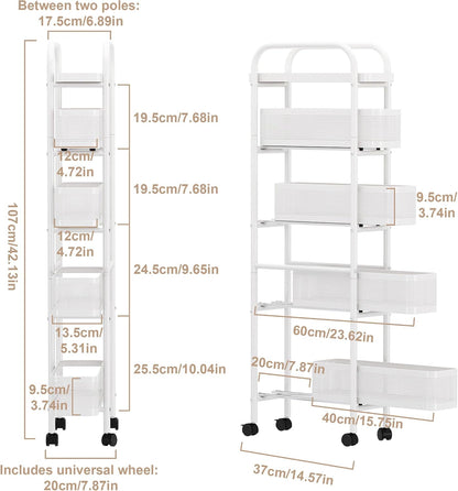 UMDONX Slim Storage Cart 5 Tier with Pull Out Basket Bathroom Organizer Rolling cart, Rolling Utility Cart Slide Out Organizer for Kitchen, Bathroom, Laundry Black