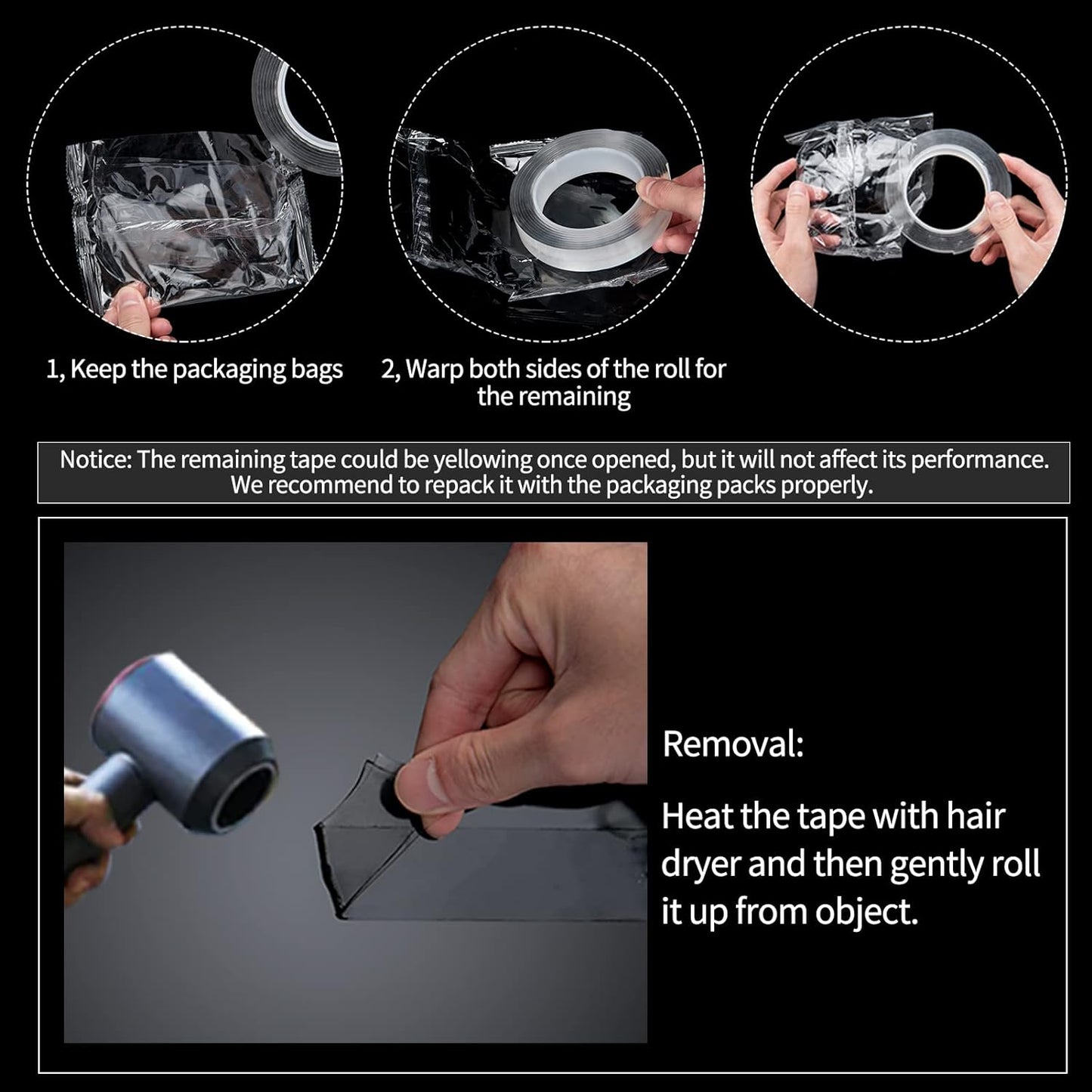 Art3d Double-Sided Tape (4-Roll of 10FT), Removable, Traceless, Washable, Reusable - Multipurpose Tape as Seen on TV (1/24" x 1/2" x 10', 4)