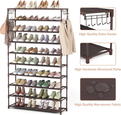 LANTEFUL 10 Tiers Shoe Rack 50 Pairs Large Capacity Tall Shoe Organizer Sturdy Shoe Storage with Two Hooks Space Saving Metal Wide Shoe Rack for Closet, Entryway, Bedroom, Black