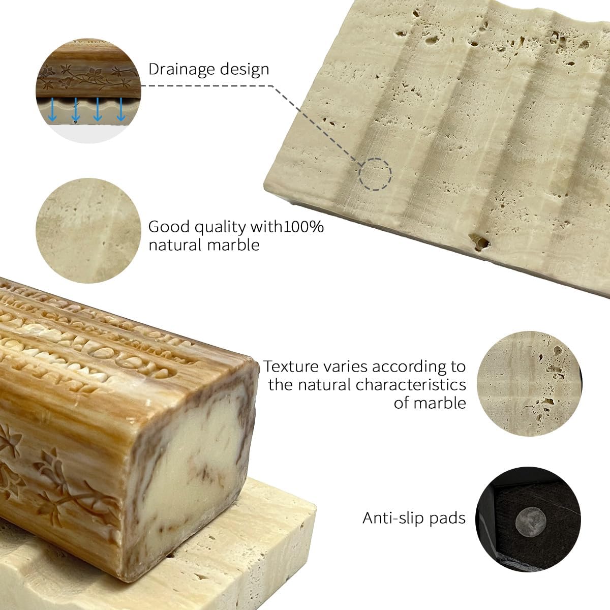 WeDoDecor Real Marble Soap Dish for Shower Stone Tray Small Bar Soap Holder with Self Draining | Non-Slip, Luxury Bath Room Accessories (White)
