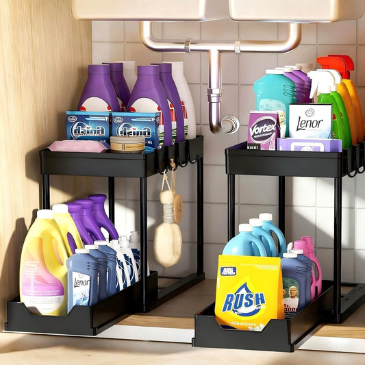 Under Sink Organizers and Storage 2 Pack, Pull-Out Sliding Cabinet Organizer with 2-Tier Storage Shelf & 4 Hooks, Multi-Purpose for Kitchen & Bathroom (13 Inch, White)