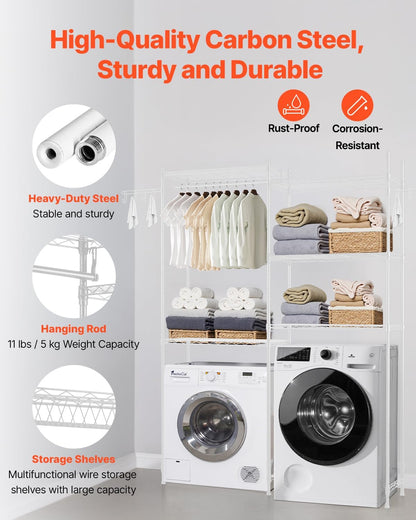 VEVOR Over Washer and Dryer Storage Shelves, 6 Tiers Laundry Room Drying Rack with Hanger Rod and Hooks, Two Rows Adjustable Washer Shelves Space Saver, for Laundry Room Storage & Organization, Black