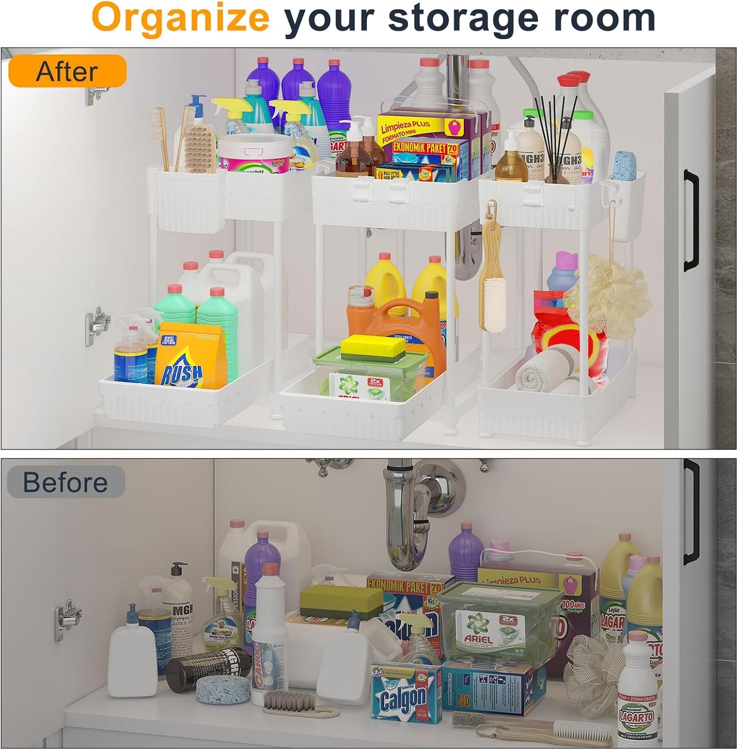 Sevenblue 3-Pack 2-Tier Under Sink Organizers with Sliding Drawers | Multi-use kitchen & bathroom storage, 12.8 inch black cabinet organizer, space-saving sliding drawer design.