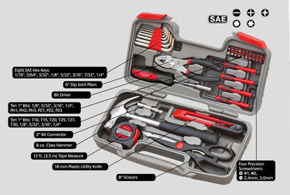 Apollo Tools Original 39 Piece General Household Tool Set in Toolbox Storage Case with Essential Hand Tools for Everyday Home Repairs, DIY and Crafts Red/Black - DT9706
