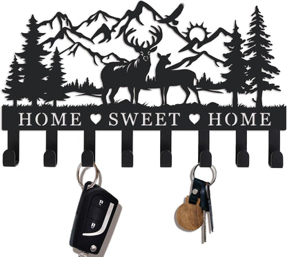 Deer Mountain Metal Key Holder Wall Mount Key Holder for Wall Rustic Cabin Decor Key Rack Hooks Hanger Woodland Wildlife Wall Art Entryway Organizer Housewarming Hunting Gifts