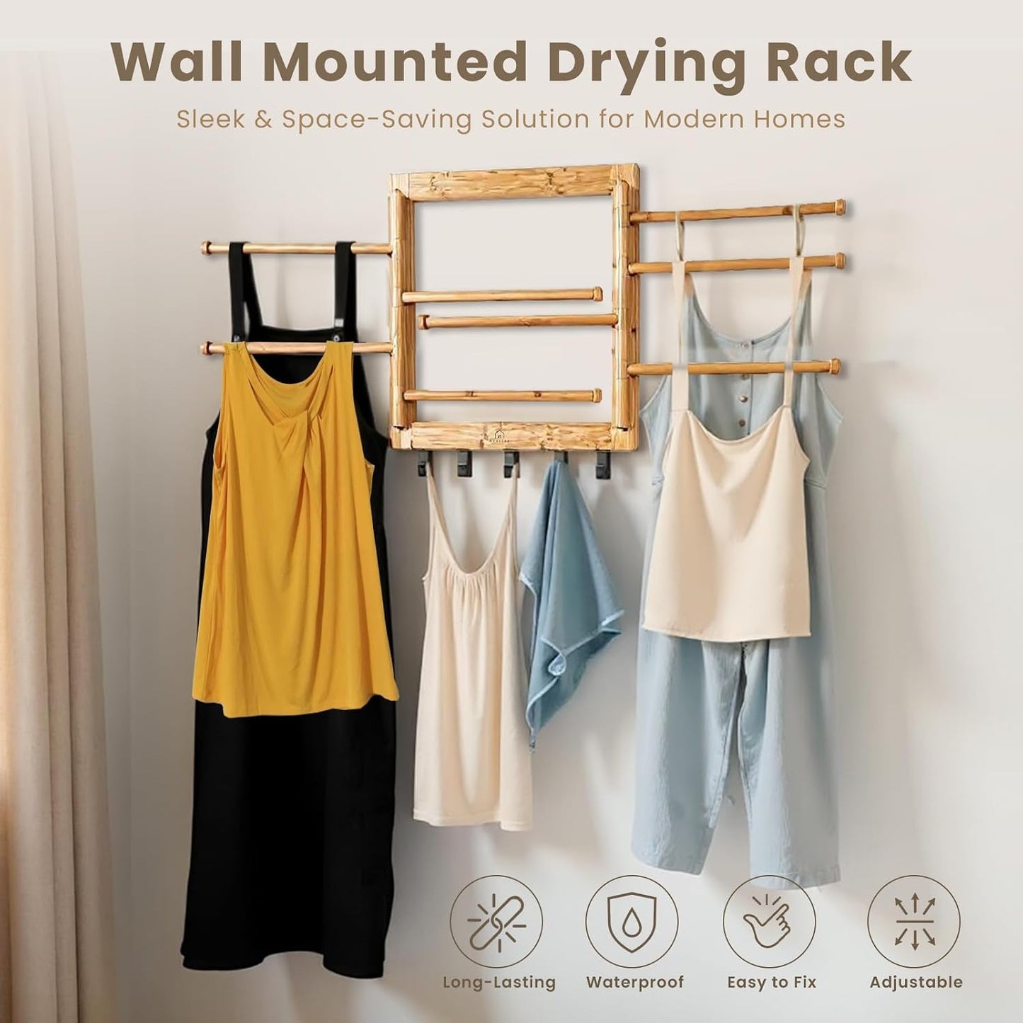 Bamboo Wall Mount Drying Rack for Laundry – Collapsible Foldable Clothes Dryer with 8 Arms & 5 Hooks, Space-Saving Laundry Hanger Dryer Rack, 20 Inch, 80 lb Capacity (Neutral)