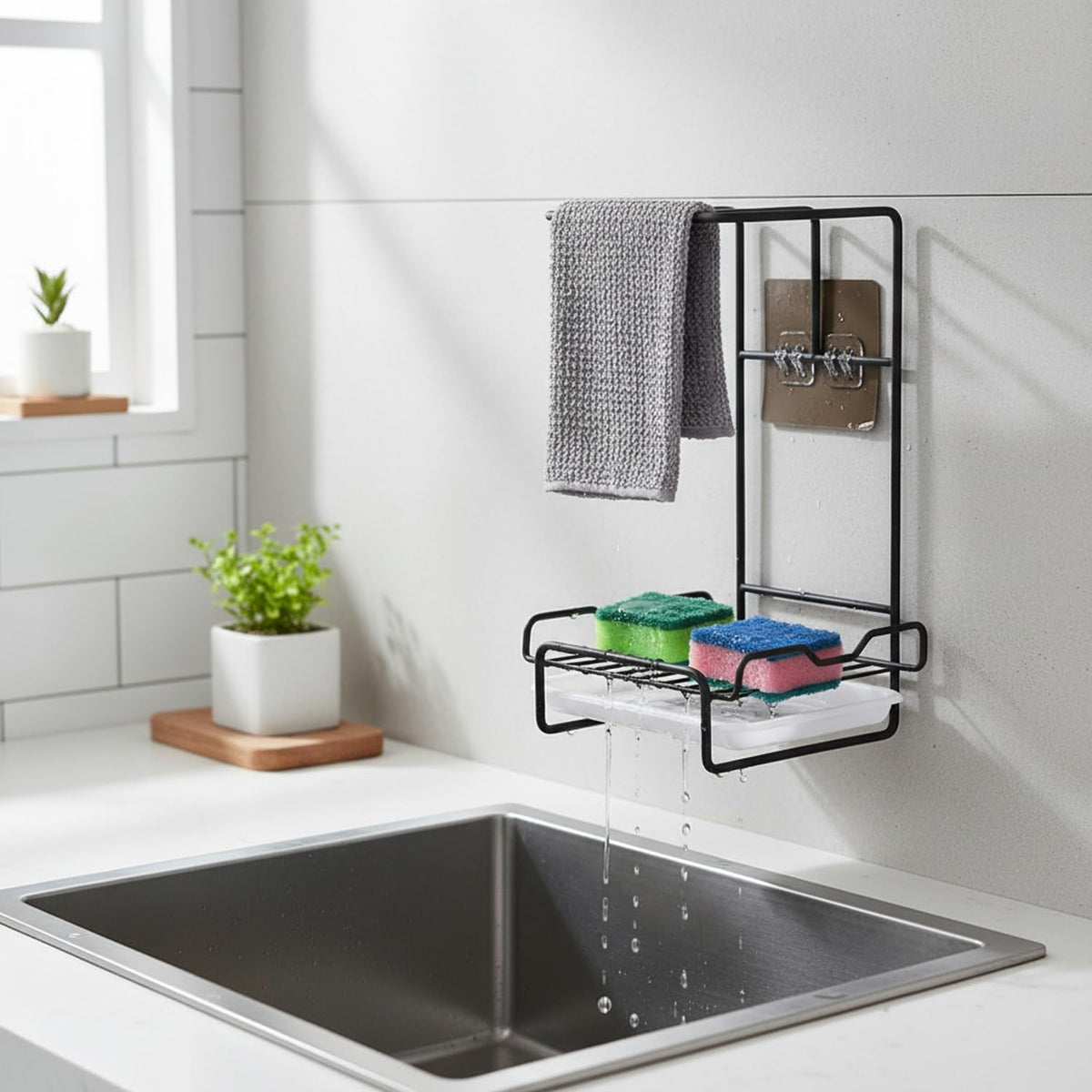 Black Carbon Steel Wall-Mounted Sink Rack for Kitchen & Bathroom, Space-Saving Cloth & Cleaning Tool Drying Organizer