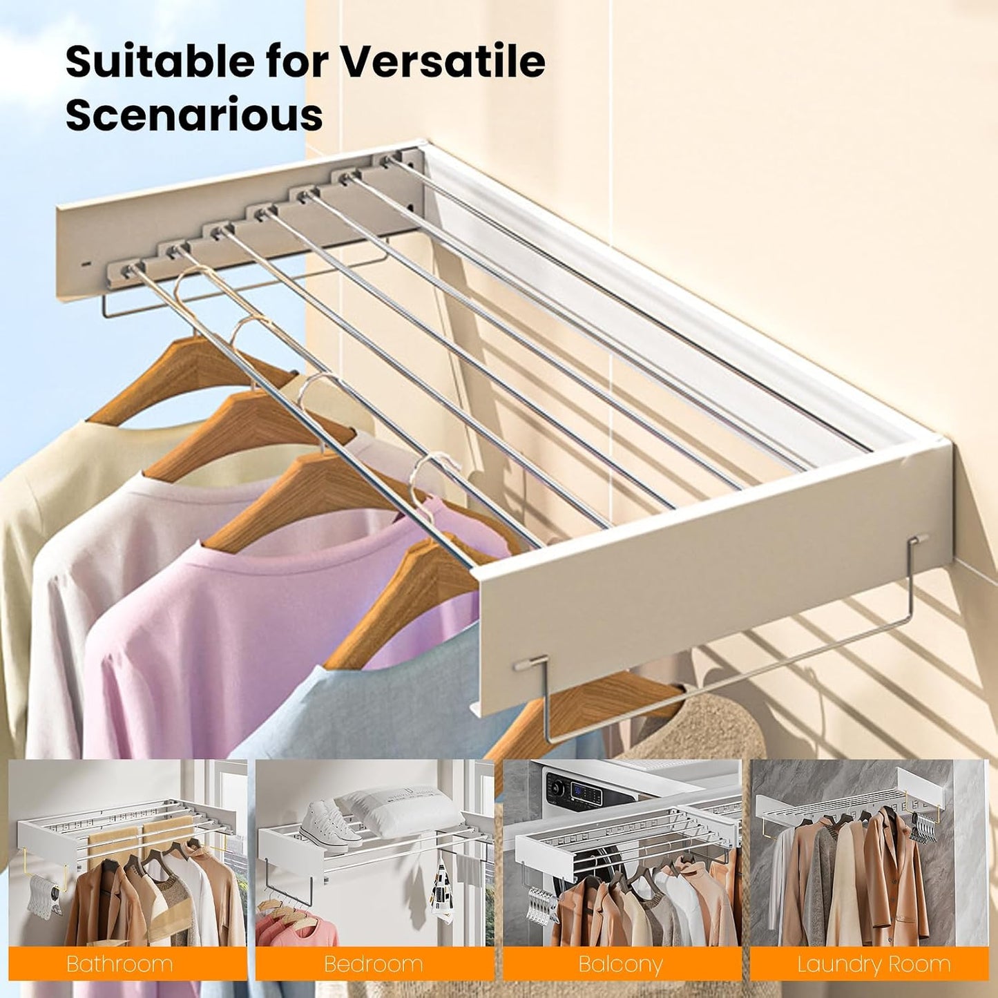 Wall Mounted Clothes Drying Rack, 39.5 x 19.8 x 5.11 Inches Retractable Clothes Drying Rack, 88lbs Capacity, Folding Indoor Laundry Drying Rack for Drying Clothes, Space-Saving 6 Dryings Poles