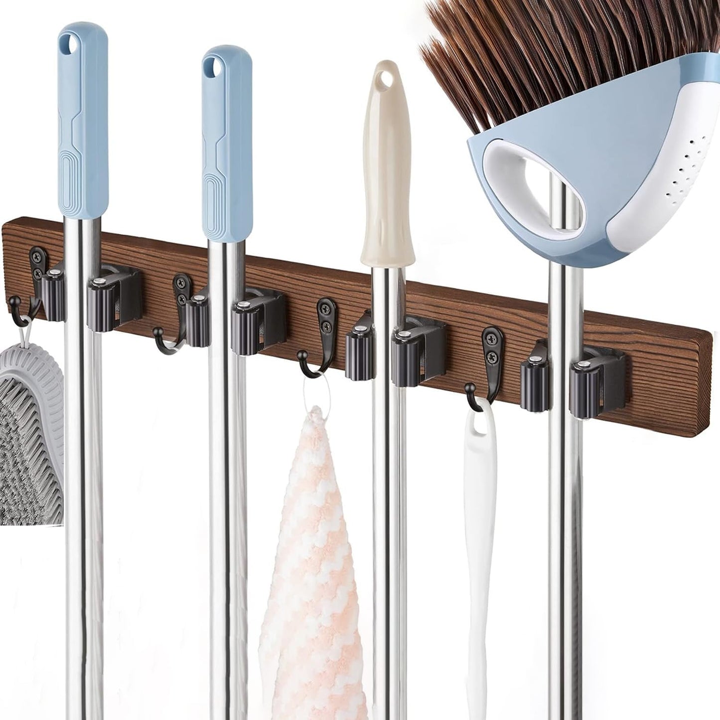 Right Pull Out Mop and Broom Holder, Rustic Wood Broom Hanger with 4 Slots and 4 Hooks for Home Décor, Kitchen, Laundry Room and Closet, Broom and Mop Organizer Wall Mount for Garage Organize