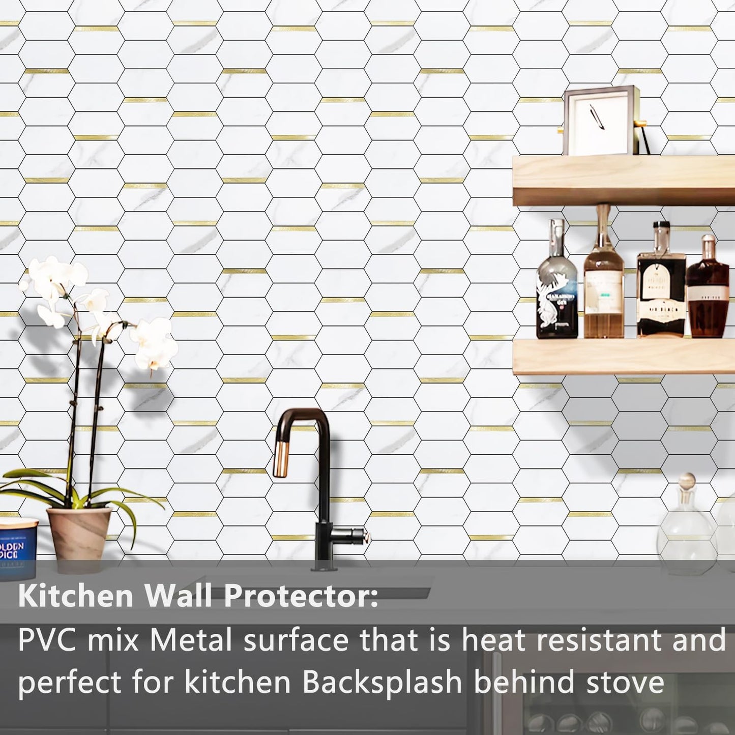 Vamos Tile Long Hexagon Peel and Stick Backsplash Tile - 10 Sheets Stick on Backsplash for Kitchen and Bathroom 12.4 x 12 Inch Glossy Wood Grain PVC Self Adhesive Mosaic Wall Tiles