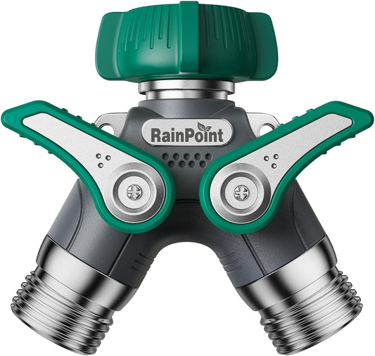 RAINPOINT Garden Hose Splitter 2 Way Heavy Duty, 3/4'' Connector Water Hose Bib Y Spigot Splitter with Shut-Off Valve, 100% Metal Body Full Flow Outdoor Water Faucet Adapter Fittings (1 Pack)