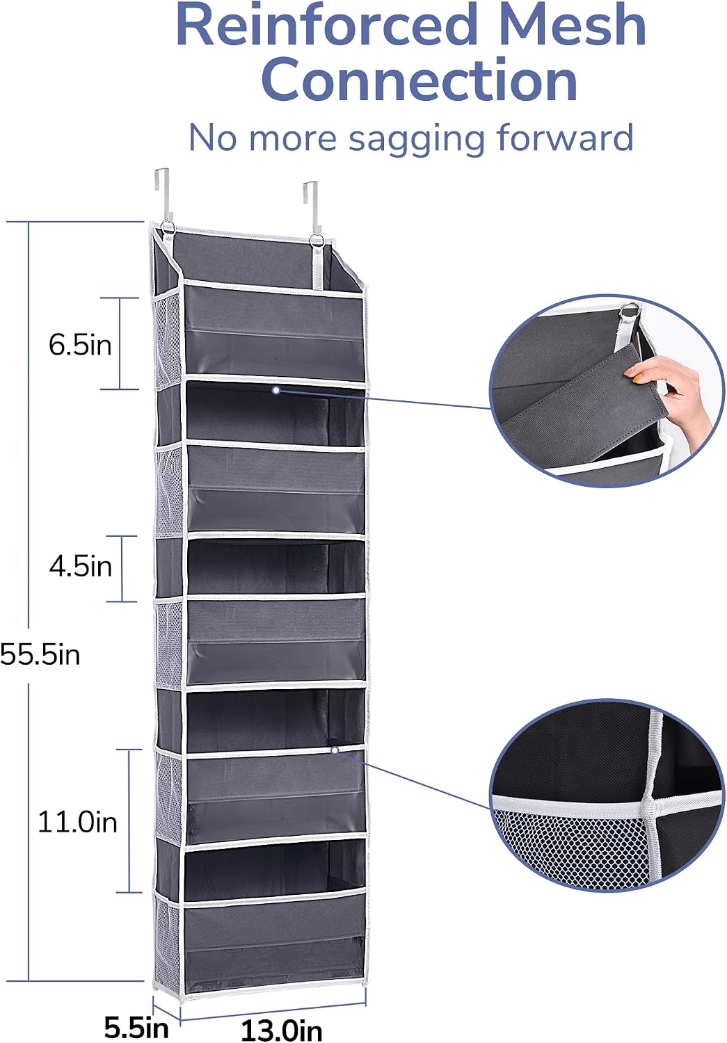ULG Over the Door Organizer, 5-Tier Extra Large Hanging Storage with 10 Mesh Pockets, 100 lbs Capacity, Heavy Duty Door Organizer for Closet, Bedroom, Nursery Storage, Beige