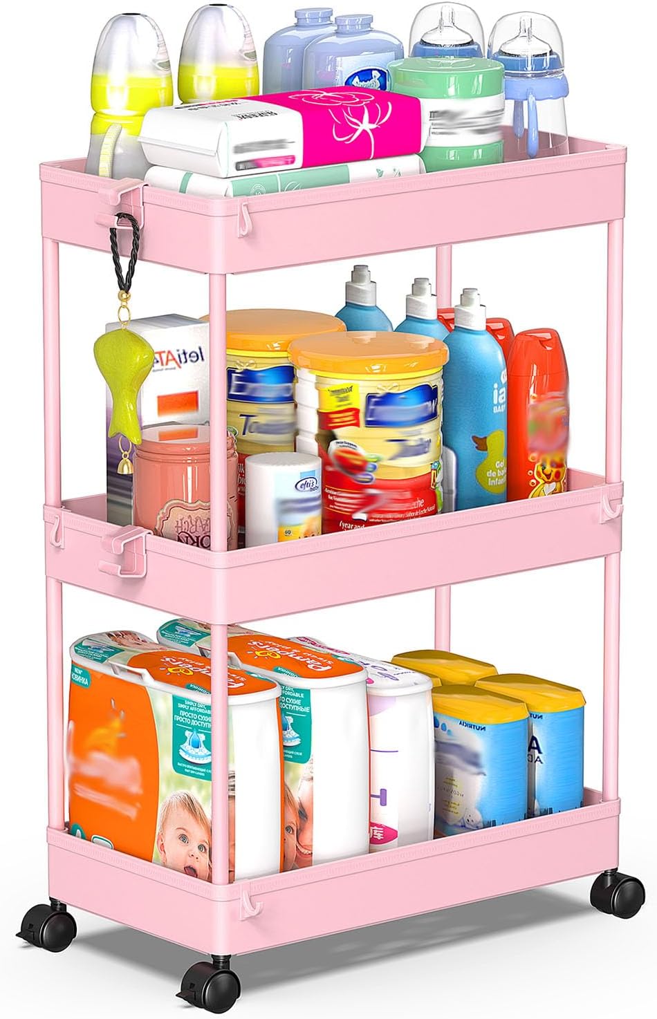 SPACEKEEPER 5-Tier Rolling Cart, Bathroom Storage Organizer Utility Cart, Mobile Shelving Unit Slide Out Shelves for Kitchen Living Room Laundry Room & Dressers, Black