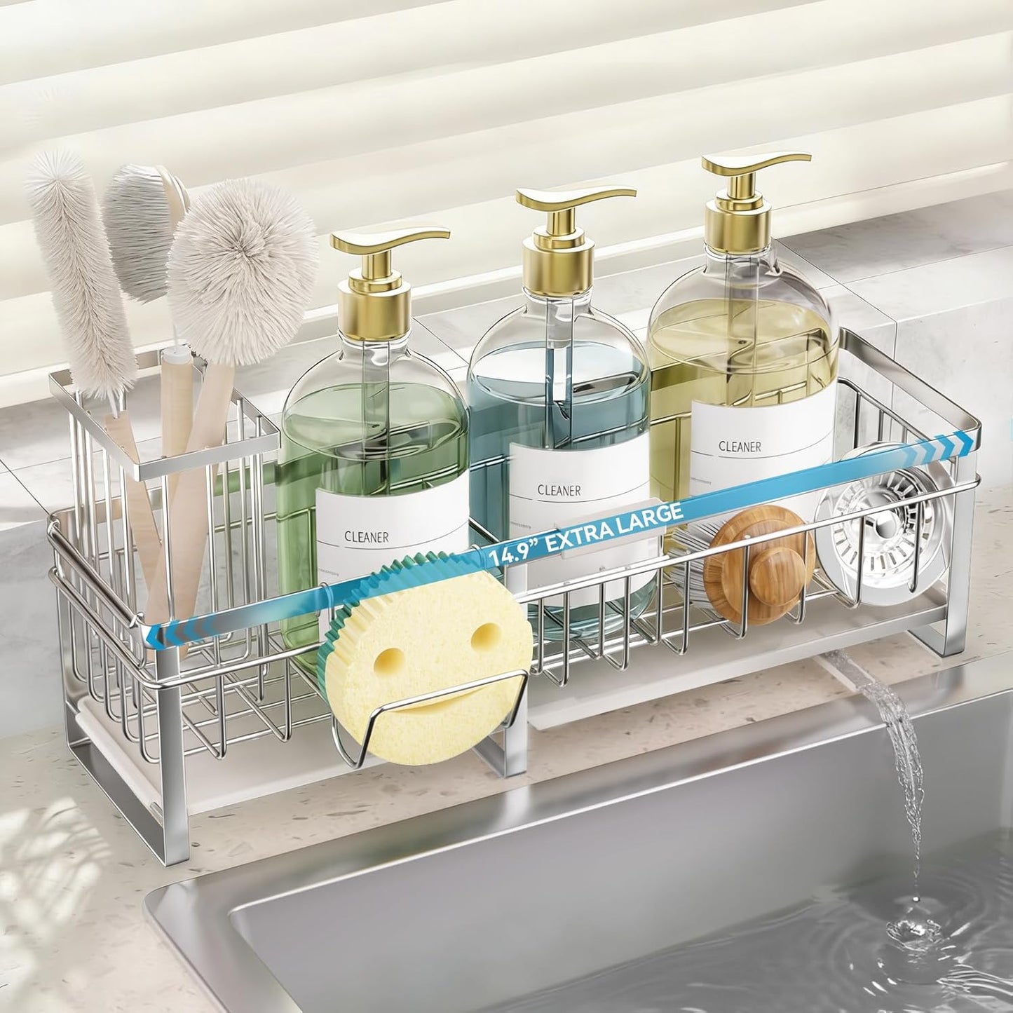Aurblozen Extra Large Extendable Sponge Holder for Kitchen Sink, Rustproof Sink Caddy Organizer with High Brush Holder, Dish Soap Dispenser Organizers and Storage (Black)
