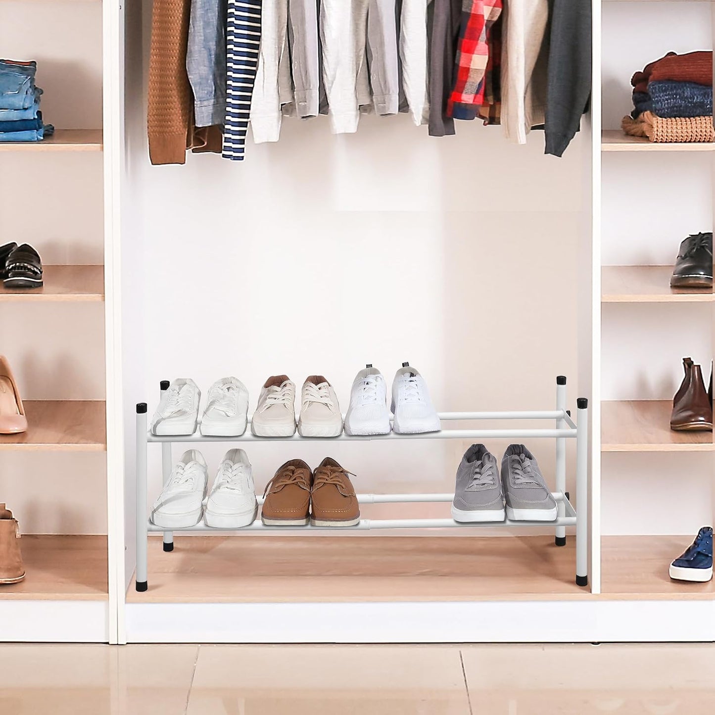 STORAGE MANIAC Expandable Shoe Rack for Closet, 8 Pairs Stackable Small Shoe Rack, Metal Adjustable Shoes Organizer for Entryway, Hallway, Garage, Front Door, Shoes Shelves, Black 2 Tier