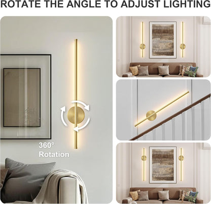 Battery Operated Modern Wall Sconces, Dimmable Wireless Wall Light Set of Two with Remote Control, 3 Color Temperatures, Rechargeable LED Wall Sconce for Bedroom, Living Room, Hallway, 23.6 Inch Brass