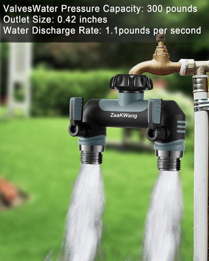 Garden Hose Splitter 2 Way, Heavy Duty Water Hose Spigot Bib Splitter, Outdoor Faucet Splitter with Shutoff Valve, T Adapter Connector with 3/4 - Inch GHT Thread (Grey)