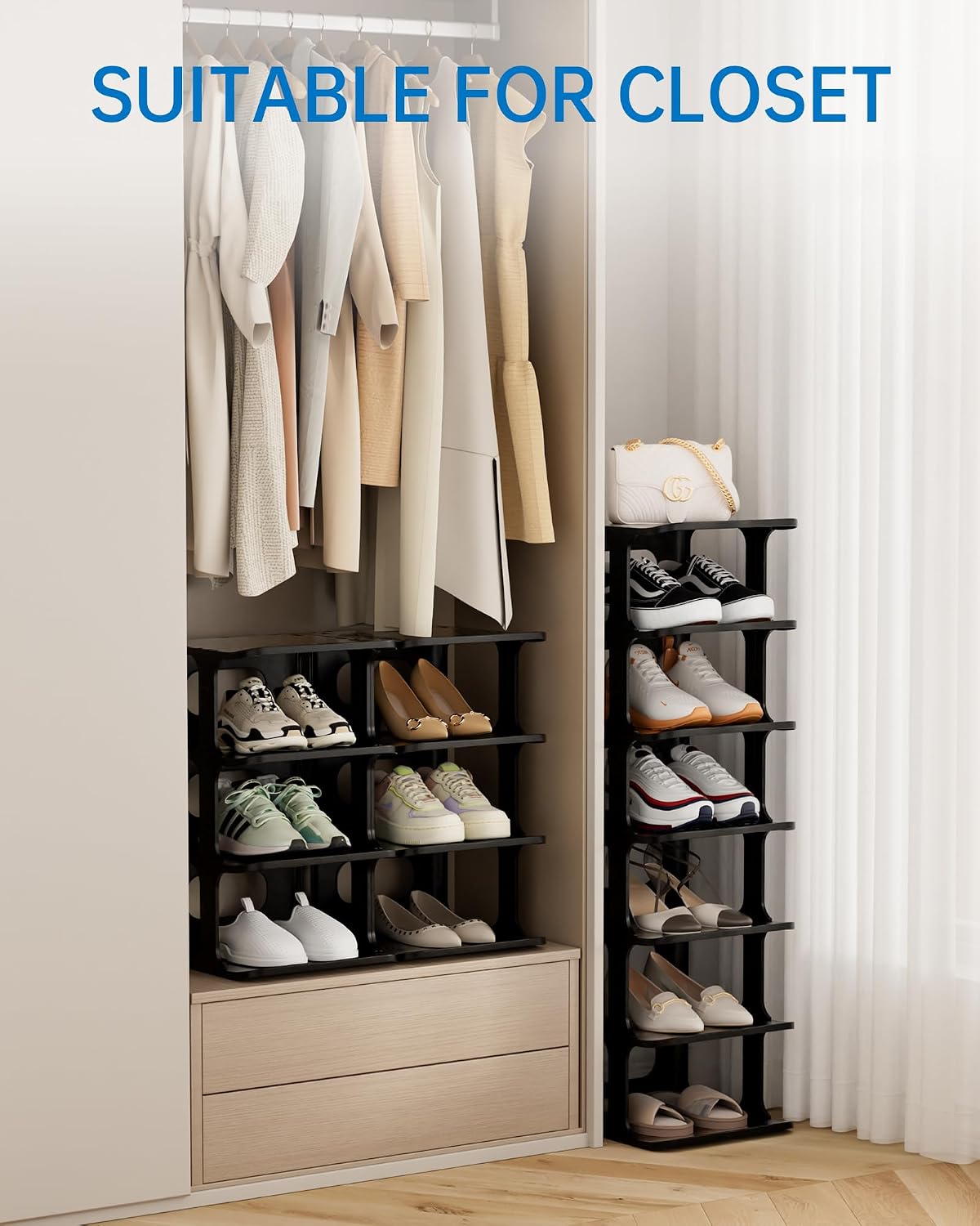 HAIXIN Vertical Narrow Tall Shoe Rack for Front Door Entrance, 7-Tier Sturdy Stackable Shoe Rack Organizer for Closet Entryway, Corner Shoe Storage Shelf Shoe Cubby