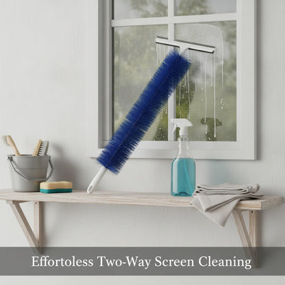 Double-Sided Window Screen Cleaner with Squeegee, Reaches Both Sides from Inside, Flexible Bristles for Mesh and Glass (1 Pack)