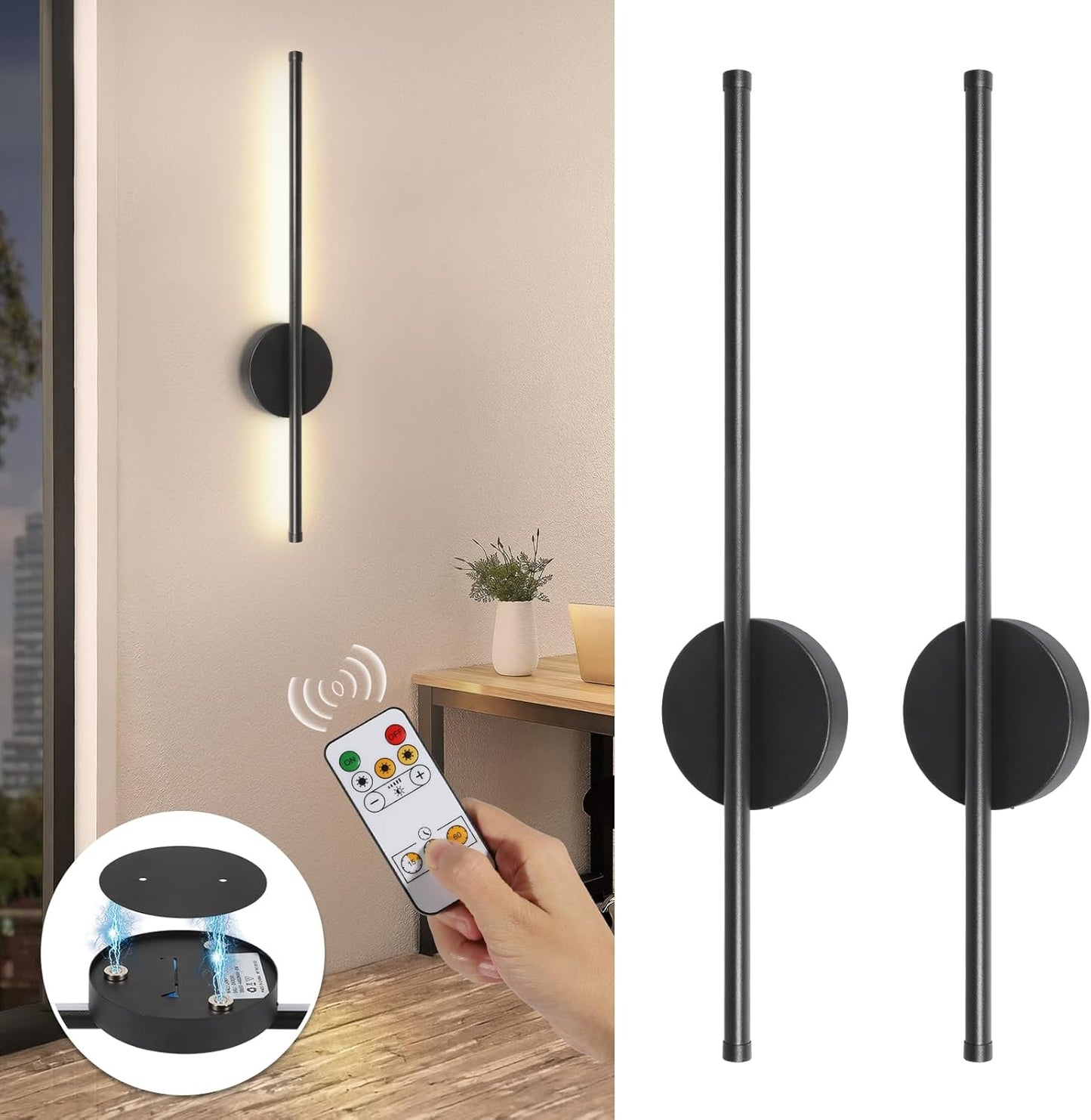 TaoFiaCo Battery Operated Wall Sconces Set of Two,Rechargeable Wall Sconces Set of 2 with Remote Control Dimmable Wall Light Decor for Living Room, Bathroom for, 24 Inch, Gold
