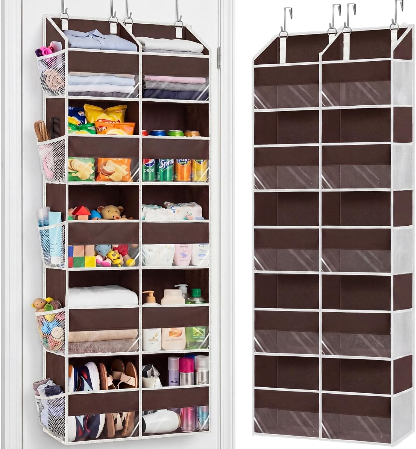 Over The Door Organizer, 5-Tier Extra Large Behind Door Storage with 10 Big Front & 10 Mesh Pockets, 80lb Capacity, Hanging Storage Organizer with Clear Window Kids Toys, Shoes, Diapers, Light Grey