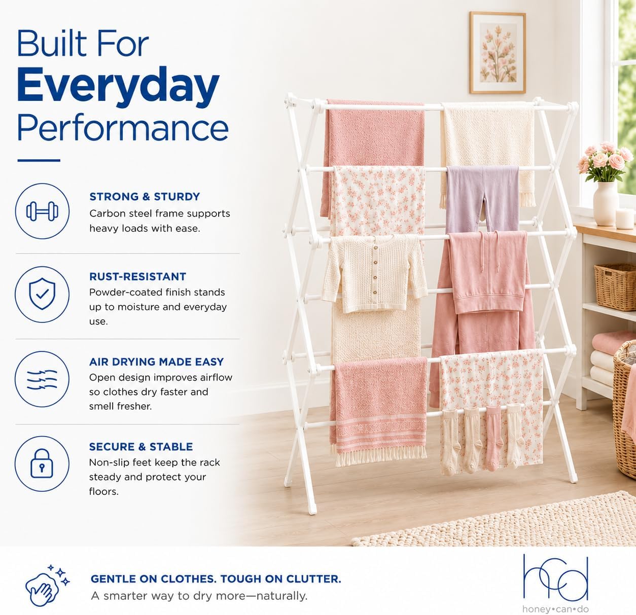 Honey-Can-Do Oversized Collapsible Clothes Drying Rack, 35", 50 lb, Grey | Oversized 35" x 45" steel rack holds 50 lb and folds flat for storage. Air-dry a full load indoors or outdoors.