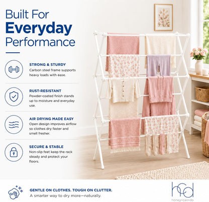 Honey-Can-Do Oversized Collapsible Clothes Drying Rack, 35", 50 lb, Grey | Oversized 35" x 45" steel rack holds 50 lb and folds flat for storage. Air-dry a full load indoors or outdoors.