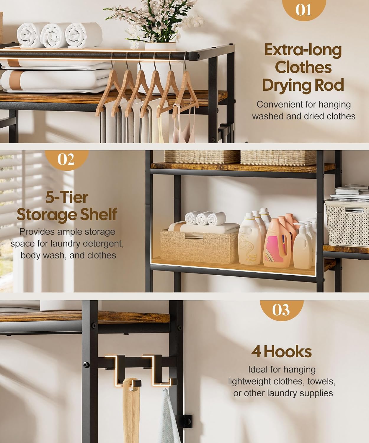 Homde Over The Washer and Dryer Storage Shelf, 5-Tier Heavy Duty Laundry Room Organizer Standing Shelf with Hanger Rod & Anti-Tip, Space Saving Rust Proof Shelving for Bathroom, Balcony