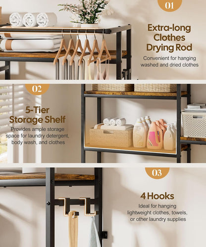 Homde Over The Washer and Dryer Storage Shelf, 5-Tier Heavy Duty Laundry Room Organizer Standing Shelf with Hanger Rod & Anti-Tip, Space Saving Rust Proof Shelving for Bathroom, Balcony