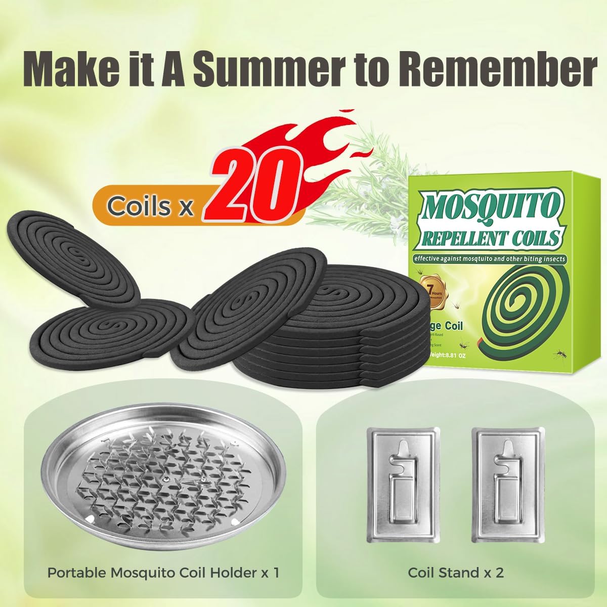 20 Pack Mosquito Repellent Coils, Natural Citronella Incense for Patio & Outdoor - 7 Hour Long Lasting Bug Repellent for Yard, Camping & Deck - Plant Based Insect Control with 1 Holder 2 Stands