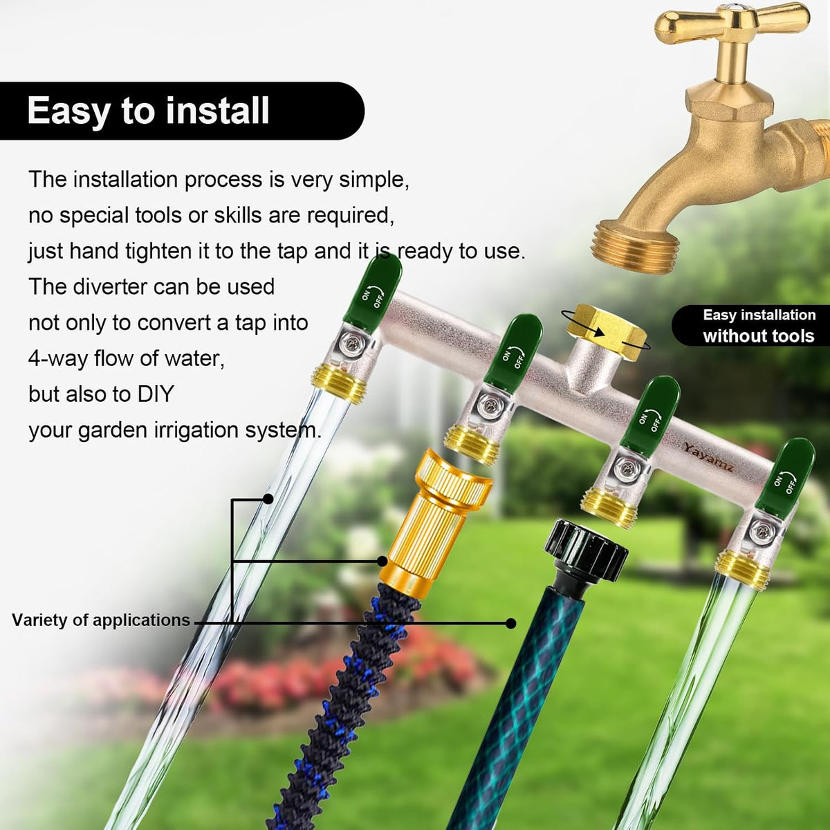 Garden Hose Splitter, 3/4” Rust and Freeze Resistant Outdoor Hose Manifold with 2 green Extra Long Handles Faucet Adapter-Heavy Duty Brass Nickel Plated 2-Way Valve