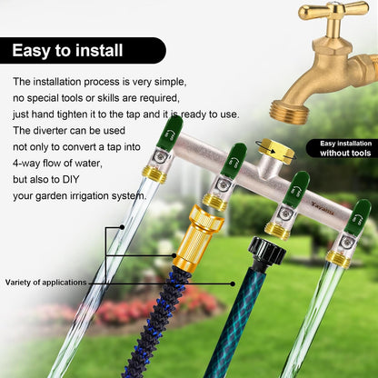 Garden Hose Splitter, 3/4” Rust and Freeze Resistant Outdoor Hose Manifold with 2 green Extra Long Handles Faucet Adapter-Heavy Duty Brass Nickel Plated 2-Way Valve