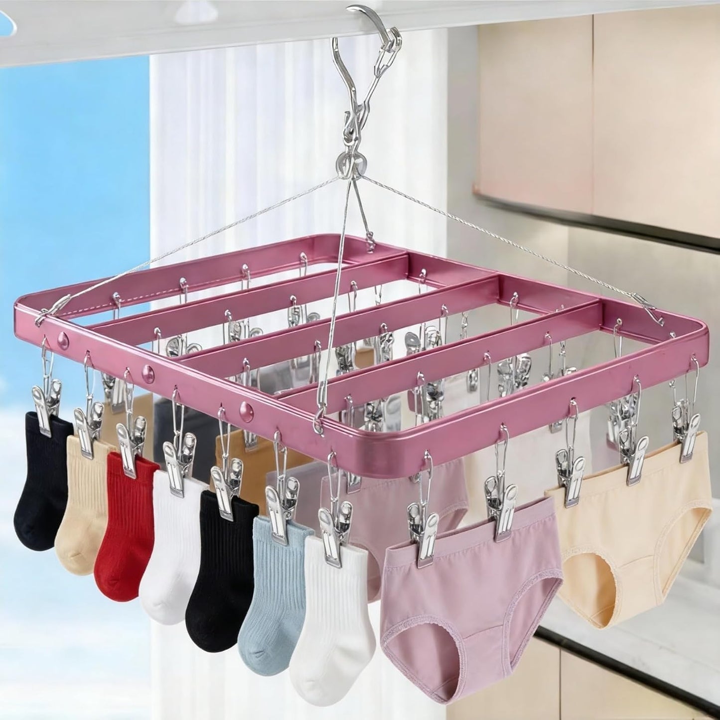 Pants Hangers Clothes Drying Racks Clip Hangers Metal with 36 Clips Windproof Underwear Hanger Foldable Laundry Clip for Jeans Yoga Leggings Trousers Socks Bras (Pink)