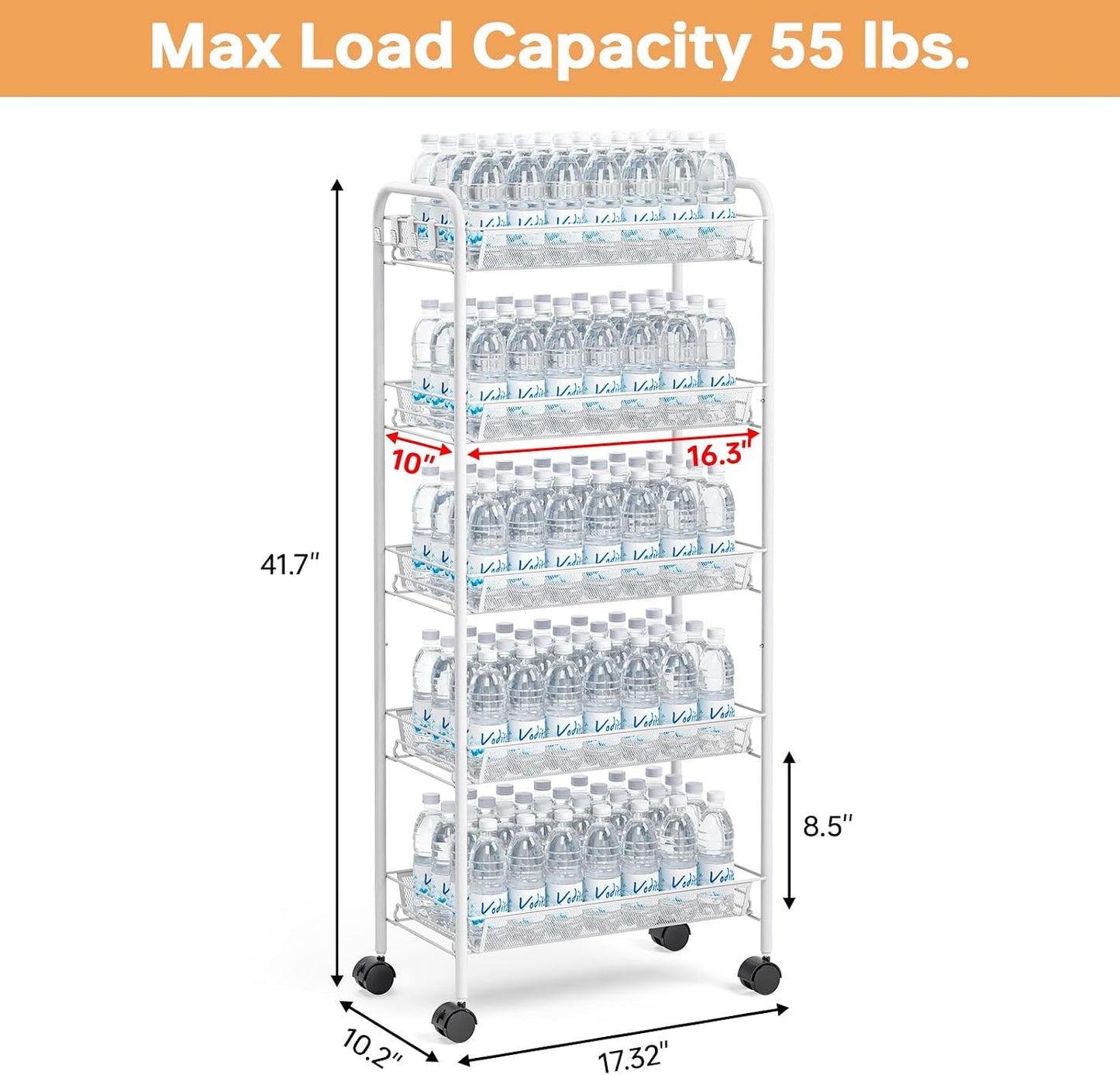 TOOLF 3-Tier Metal Rolling Cart, Mesh Wire Easy Assemble Utility Cart, Storage Trolley on Wheels with 3 Hooks, MetalStorage Shelving Units for Kitchen Bathroom Laundry Room