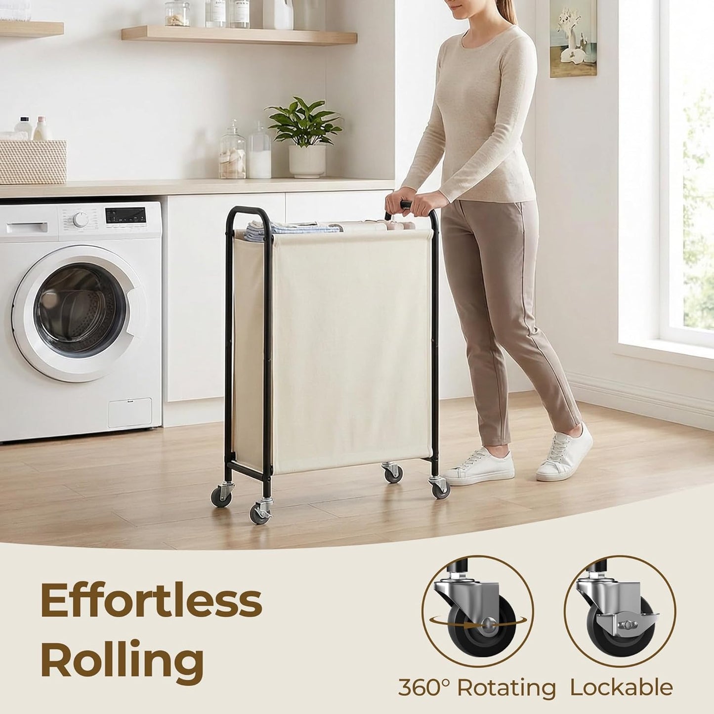 GRANNY SAYS 2 Section 130L Laundry Sorter, Large Laundry Hamper Basket with Wheels and Handles, Durable and Sturdy Rolling Cart for Laundry Room, Hotel, Bedroom, Beige