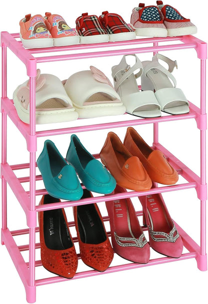 LNYZQUS Small Kids Shoe Rack, 4 Tier Pink Shoe Organizer Shoe Shelf for Closet,Stackable Narrow Shoe Stand Slim Zapateras Organizer,Cute Toddler Shoe Rack Floor for Women & Girls-Full Pink