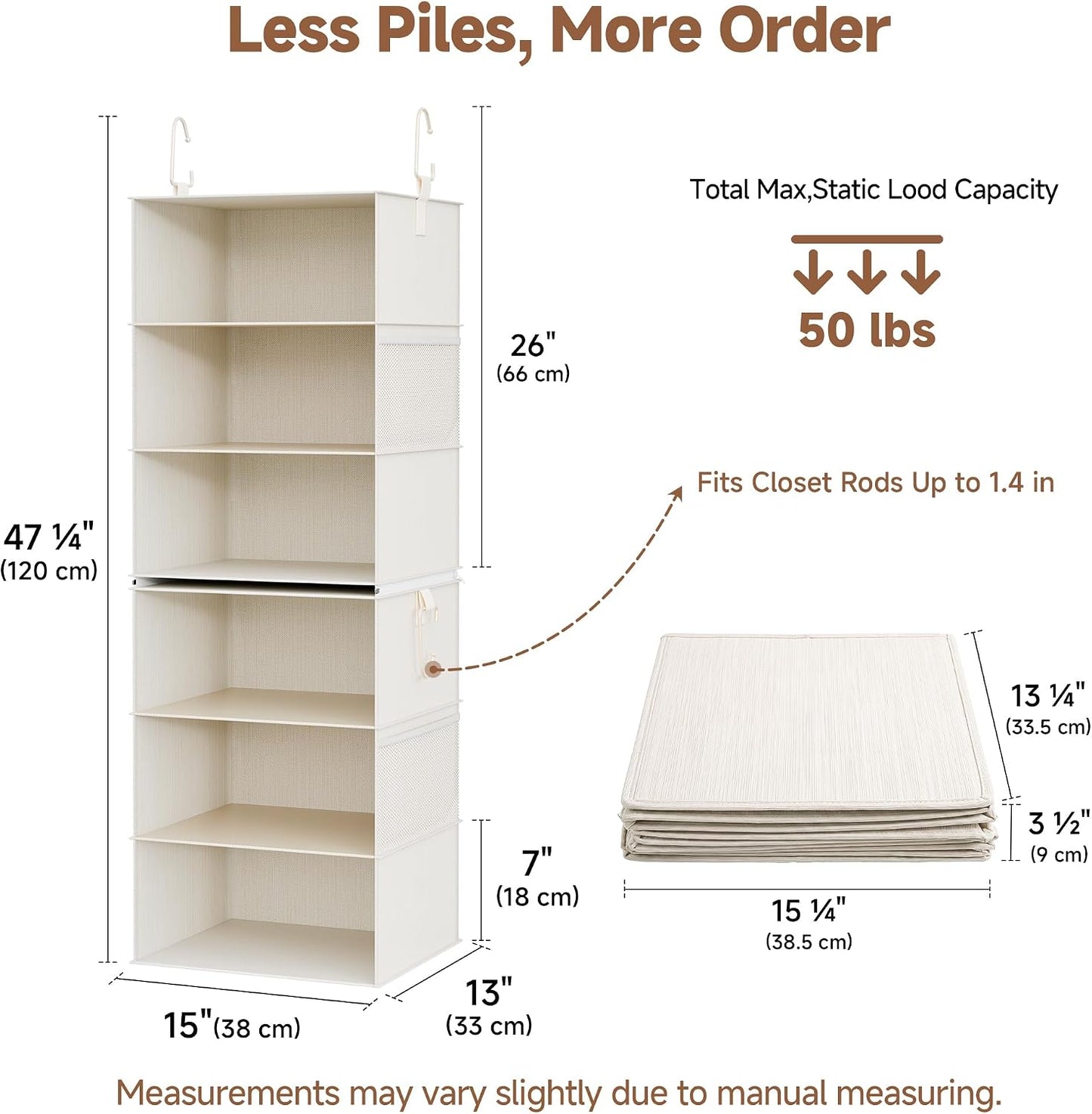 StorageWorks 6-Shelf Closet Organizers, Two 3-Shelf Separable Hanging Shelves for Closet, 12 1⁄2" D x 12 1⁄2" W x 47 ¼" H, Mixing of Beige, White & Ivory