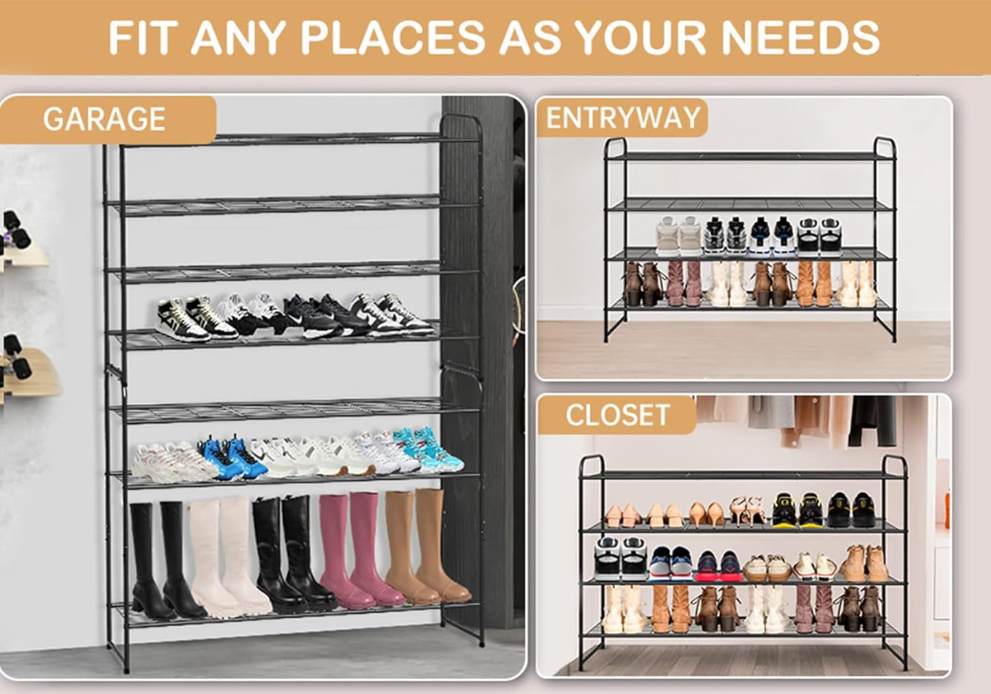 KEETDY 3-Tier Long Shoe Rack for Closet Metal Shoe Organizer for Entryway, Wide Stackable Shoe Storage Shelf with Sturdy Wire Grid for Closet Floor, Bedroom, Black