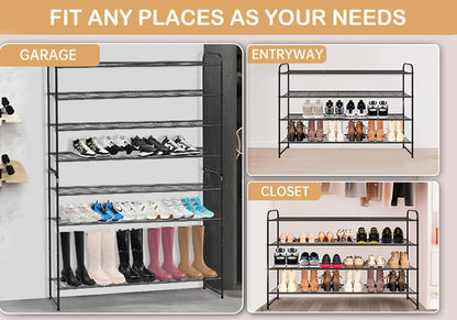 KEETDY 3-Tier Long Shoe Rack for Closet Metal Shoe Organizer for Entryway, Wide Stackable Shoe Storage Shelf with Sturdy Wire Grid for Closet Floor, Bedroom, Black