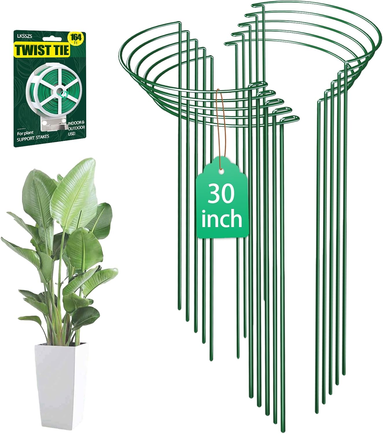 12 Pack 24 inch Plant Support Stakes, Half-Round Metal Garden Flower Stakes, Large Peony Support Ring and Cage for Indoor and Outdoor Plants, Hydrangea, Tomato, Rose, Monstera with Plant Ties