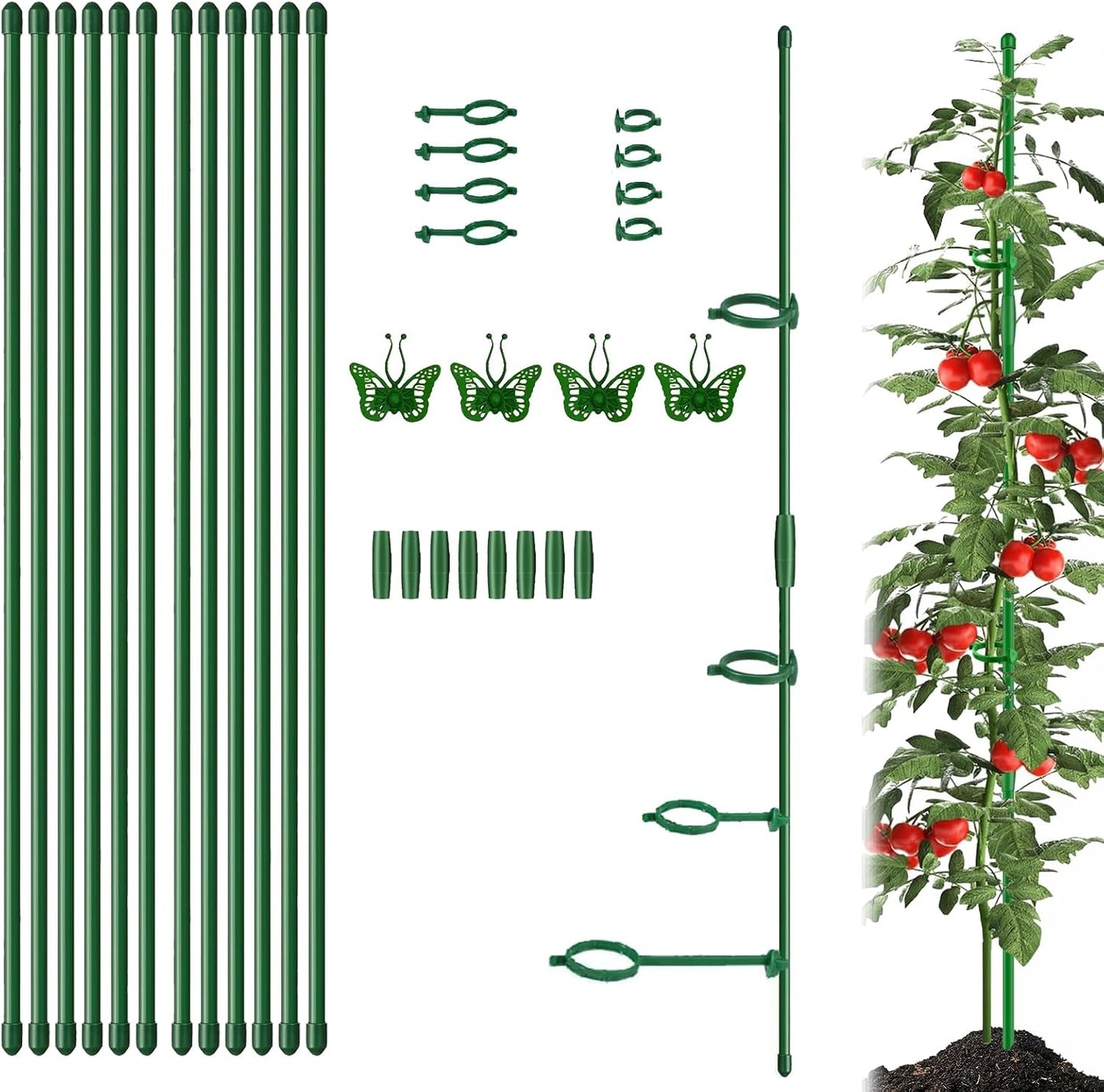 Plant Stakes 12 Inch, 12-Pack Stackable Plant Support Stakes with 12 Clips, Extendable Plant Holder Sticks for Tomato, Orchid, Monstera, Indoor Outdoor Plants (12)