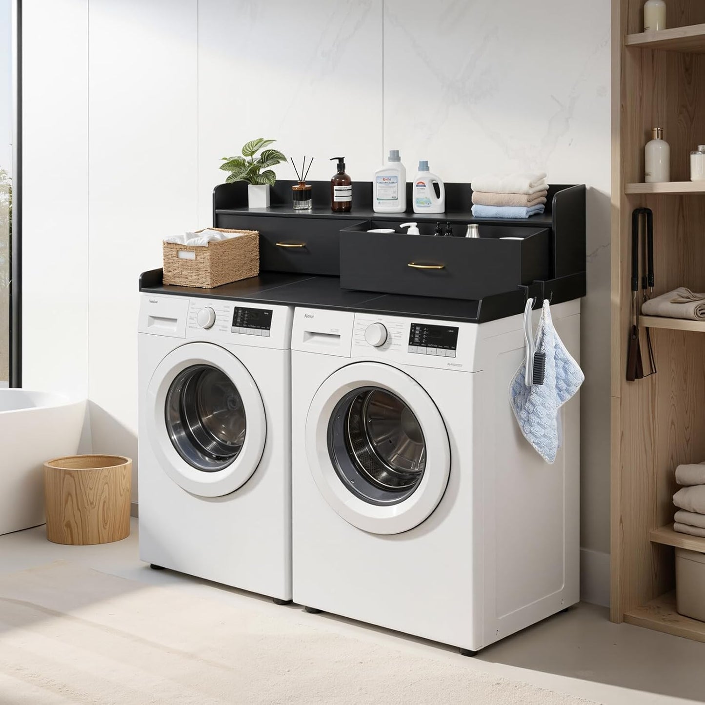 VEVOR Washer Dryer Countertop with 2-Tier Shelf, 54" x 27" Wooden Washer and Dryer Countertop with Anti-Slip Pads, Water-Resistant Laundry Topper Cover for Laundry Room Organization and Storage, Black