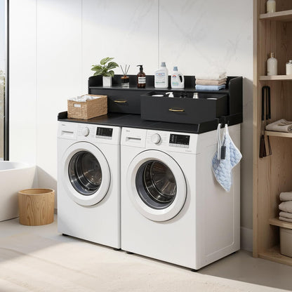 VEVOR Washer Dryer Countertop with 2-Tier Shelf, 54" x 27" Wooden Washer and Dryer Countertop with Anti-Slip Pads, Water-Resistant Laundry Topper Cover for Laundry Room Organization and Storage, Black